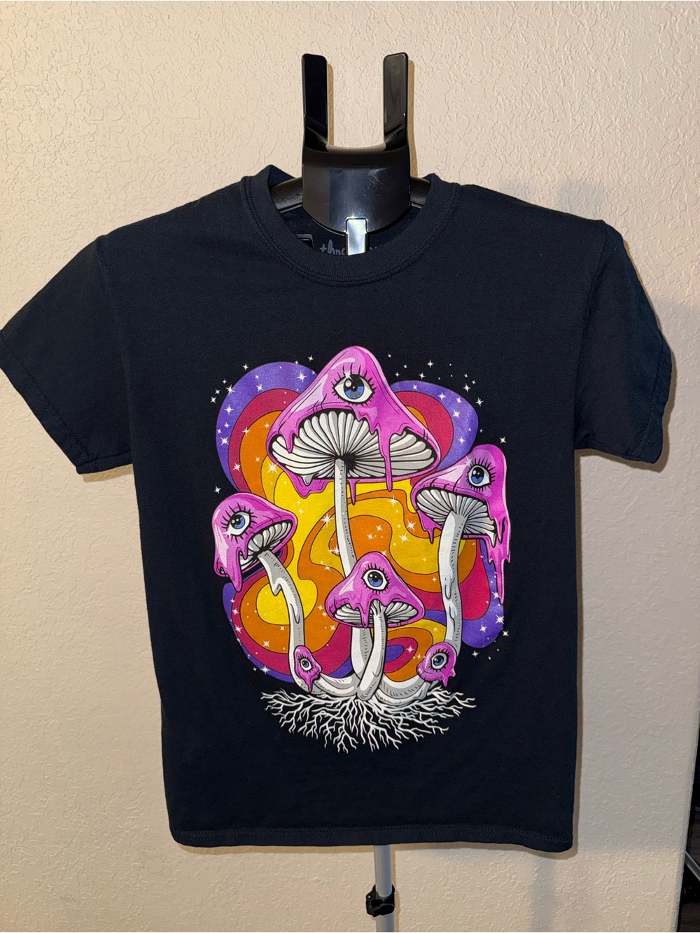 Threadless black and white purple printed label tee psychedelic mushroom graphic